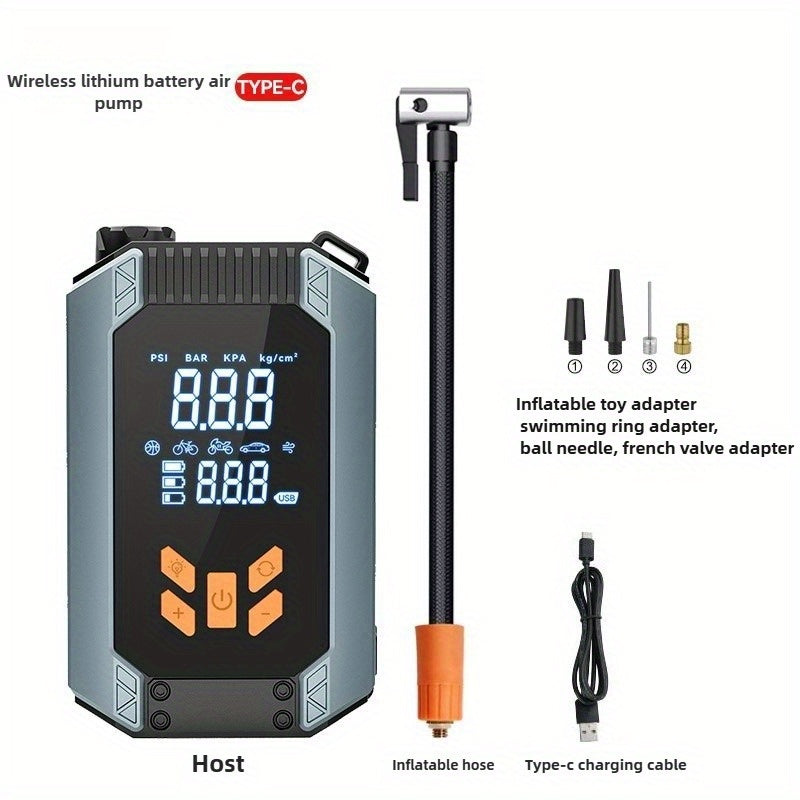 Portable Wireless Air Compressor USB Rechargeable Pump with LED & Gauge