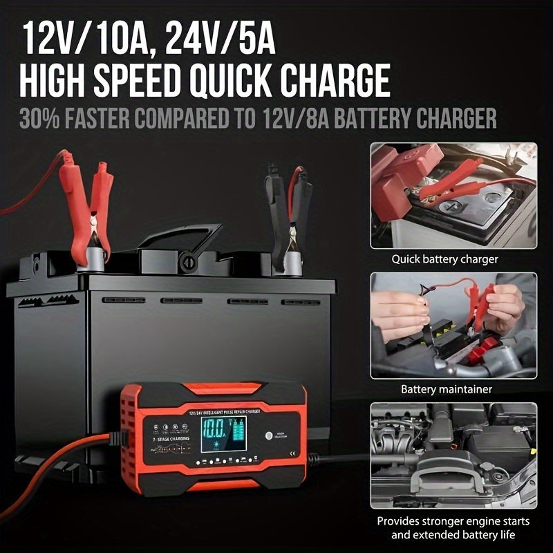 12V/24V 180W Smart Battery Charger – 7-Stage Fast Charger for Car & Bike