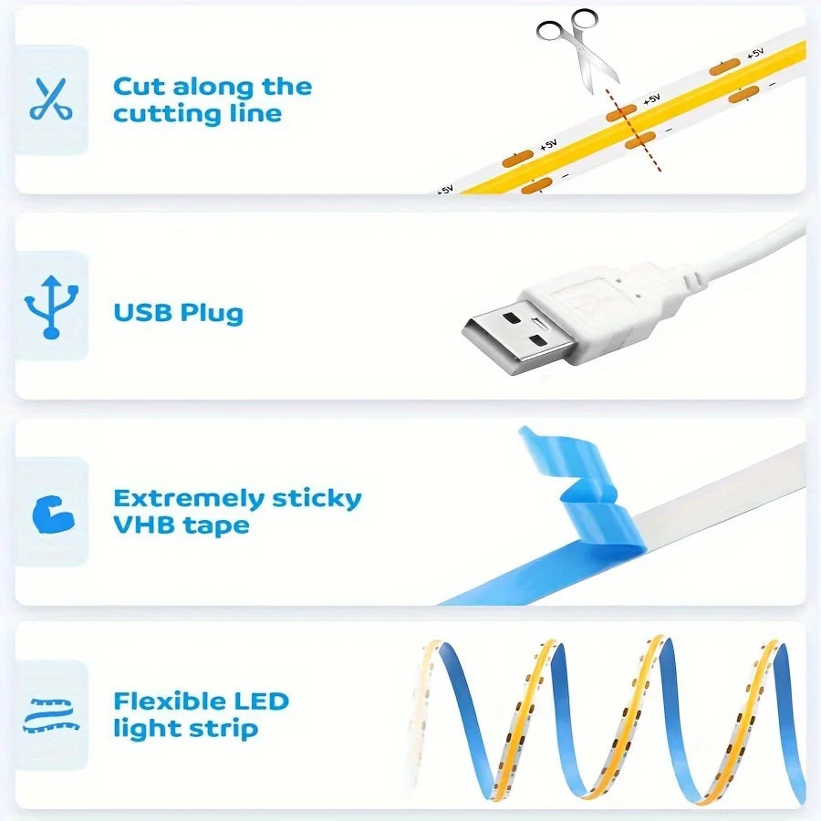 LED Strip Lights 5V USB Touch Sensor, Dimmable, Flexible Tape for TV, Mirror, Room Decor