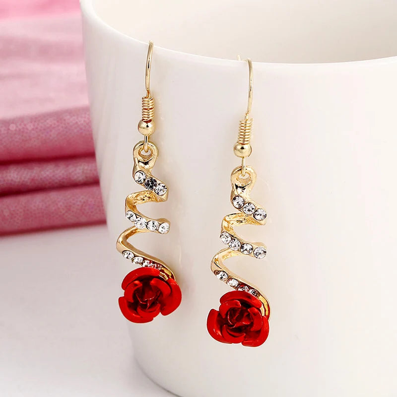 Vintage Red Rose Rhinestone Dangle Earrings Elegant Floral Jewelry for Weddings & Parties