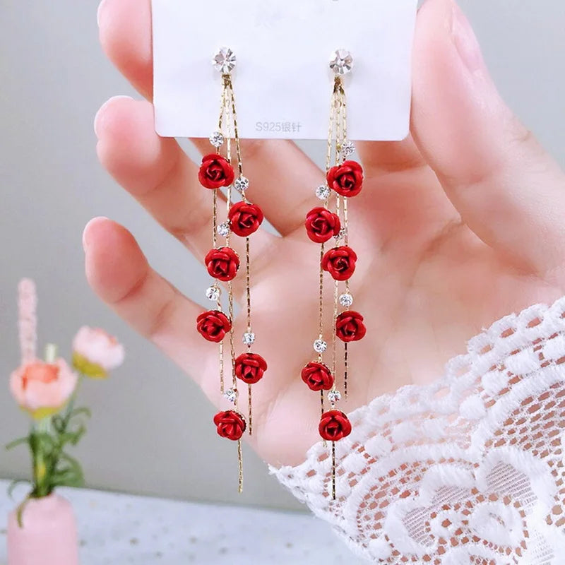 Vintage Red Rose Rhinestone Dangle Earrings Elegant Floral Jewelry for Weddings & Parties