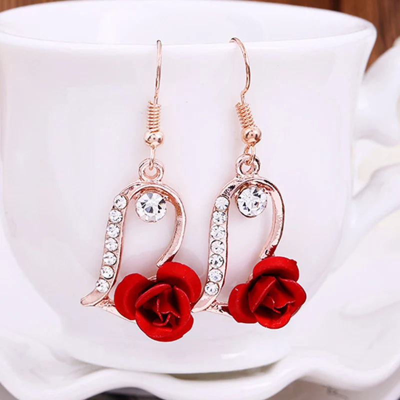 Vintage Red Rose Rhinestone Dangle Earrings Elegant Floral Jewelry for Weddings & Parties