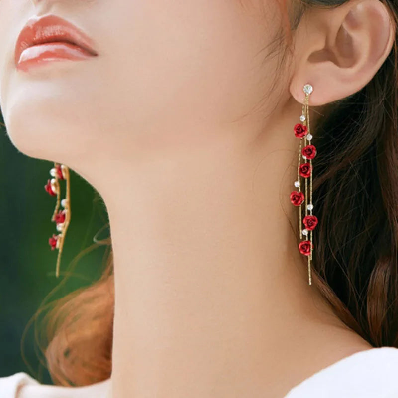 Vintage Red Rose Rhinestone Dangle Earrings Elegant Floral Jewelry for Weddings & Parties