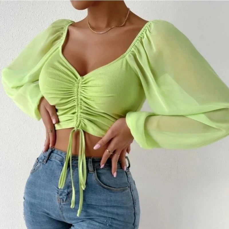 Sexy Women’s Mesh Lantern Sleeve T-Shirt Drawstring Wrap Chest, Bare Midriff, Long Sleeve, Bottoming Top
