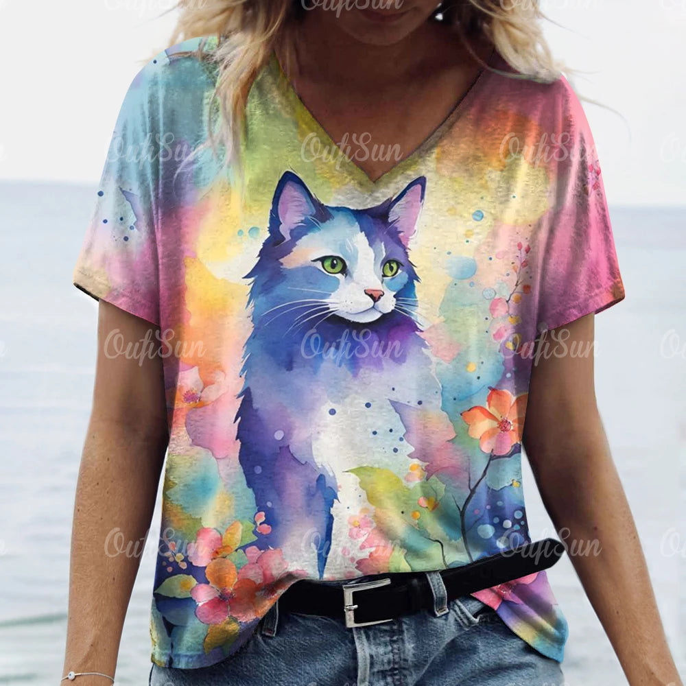 Women’s 3D Cat Print T-Shirt Casual Oversized Tee, Short Sleeve Crew Neck Streetwear