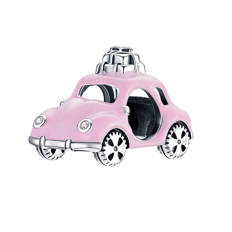925 Sterling Silver Pink Bicycle Car Charm Bead Pendant for Bracelet DIY