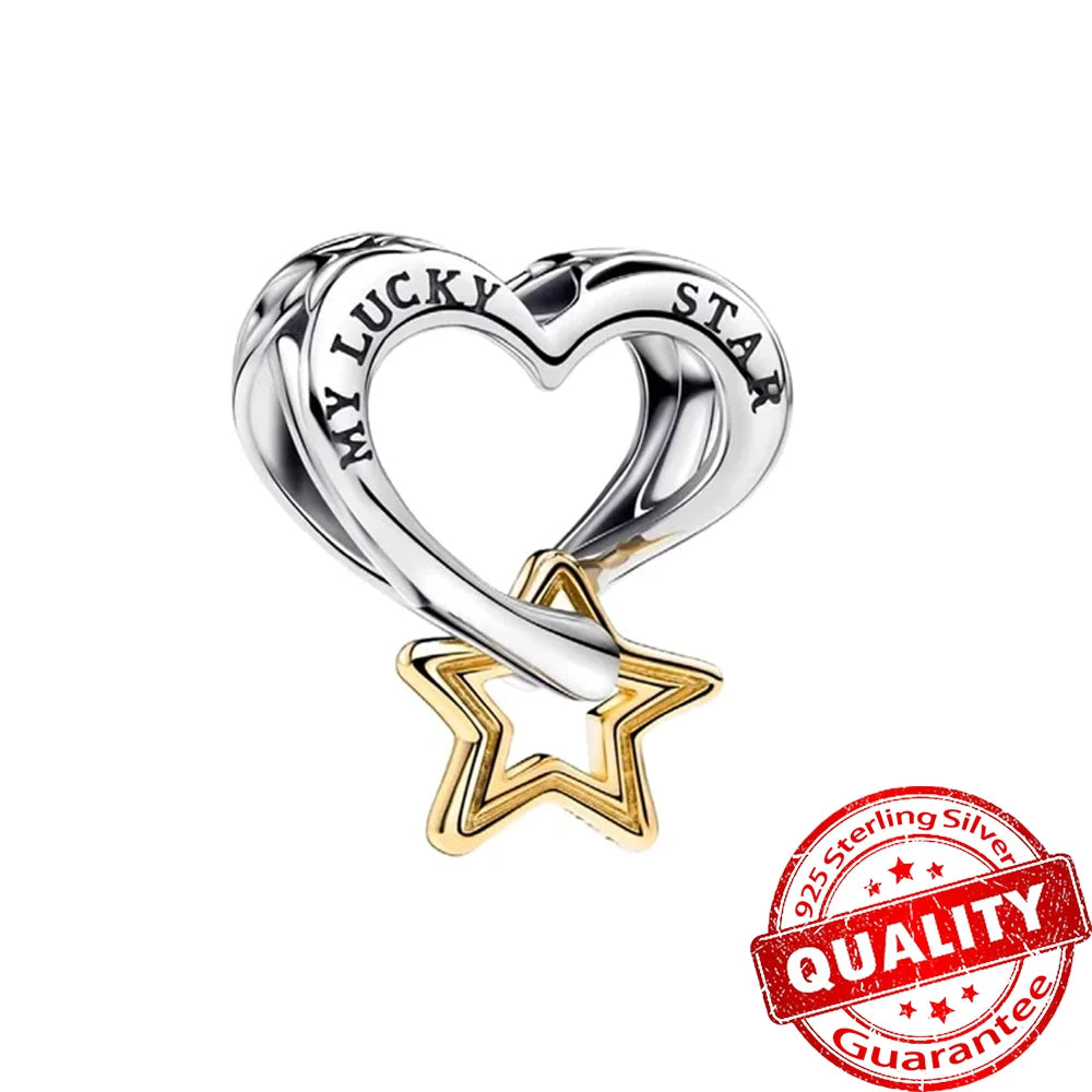 925 Silver Lucky Star & Heart Dice Bow Dangle Charm for Bracelet Gift