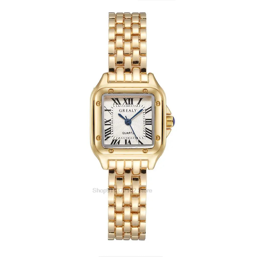 Women's Luxury Square Watch Gold Alloy Strap Quartz with Roman Numerals