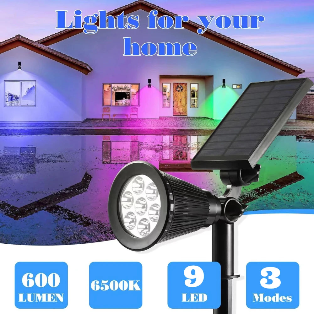 9 LED Solar Spotlights RGB Outdoor Landscape Lights, Adjustable Brightness, IP65 Waterproof Garden & Yard Decor