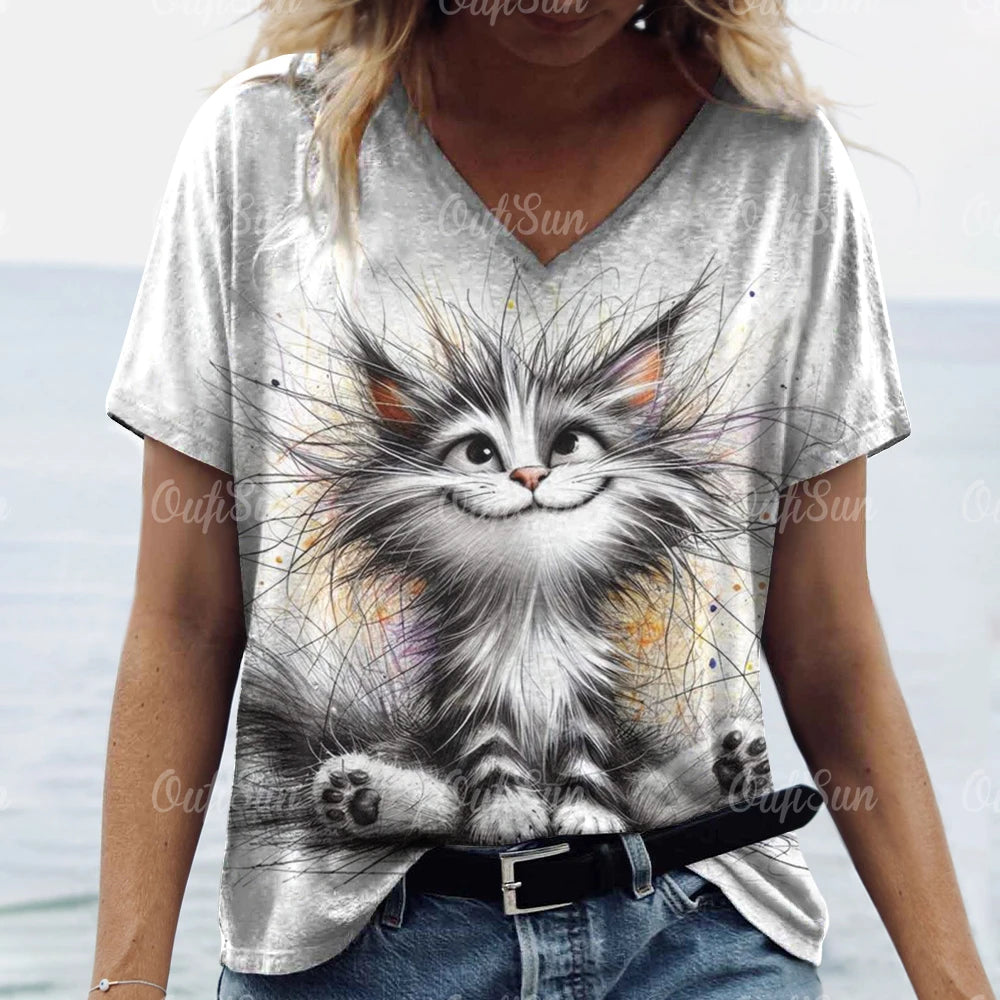 Women’s 3D Cat Print T-Shirt Casual Oversized Tee, Short Sleeve Crew Neck Streetwear