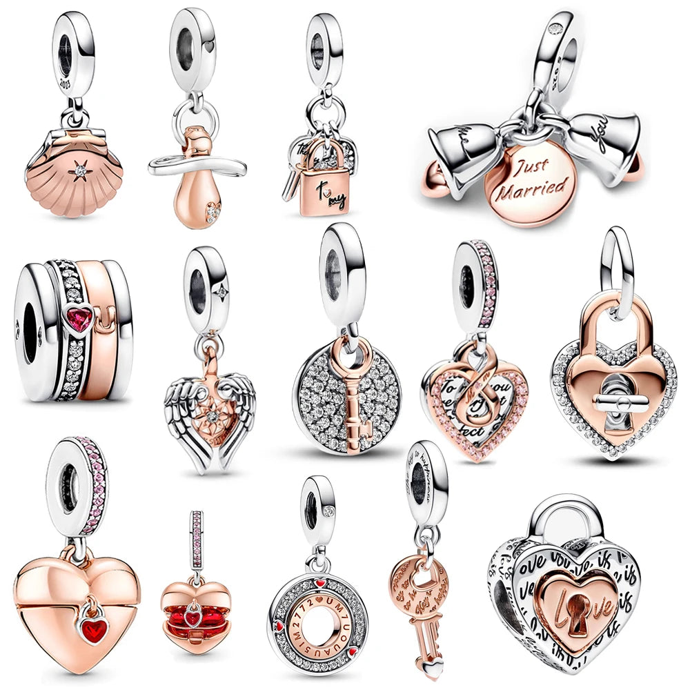Rose Gold Heart Padlock Key Charm 925 Sterling Silver Bracelet Jewellery Gift