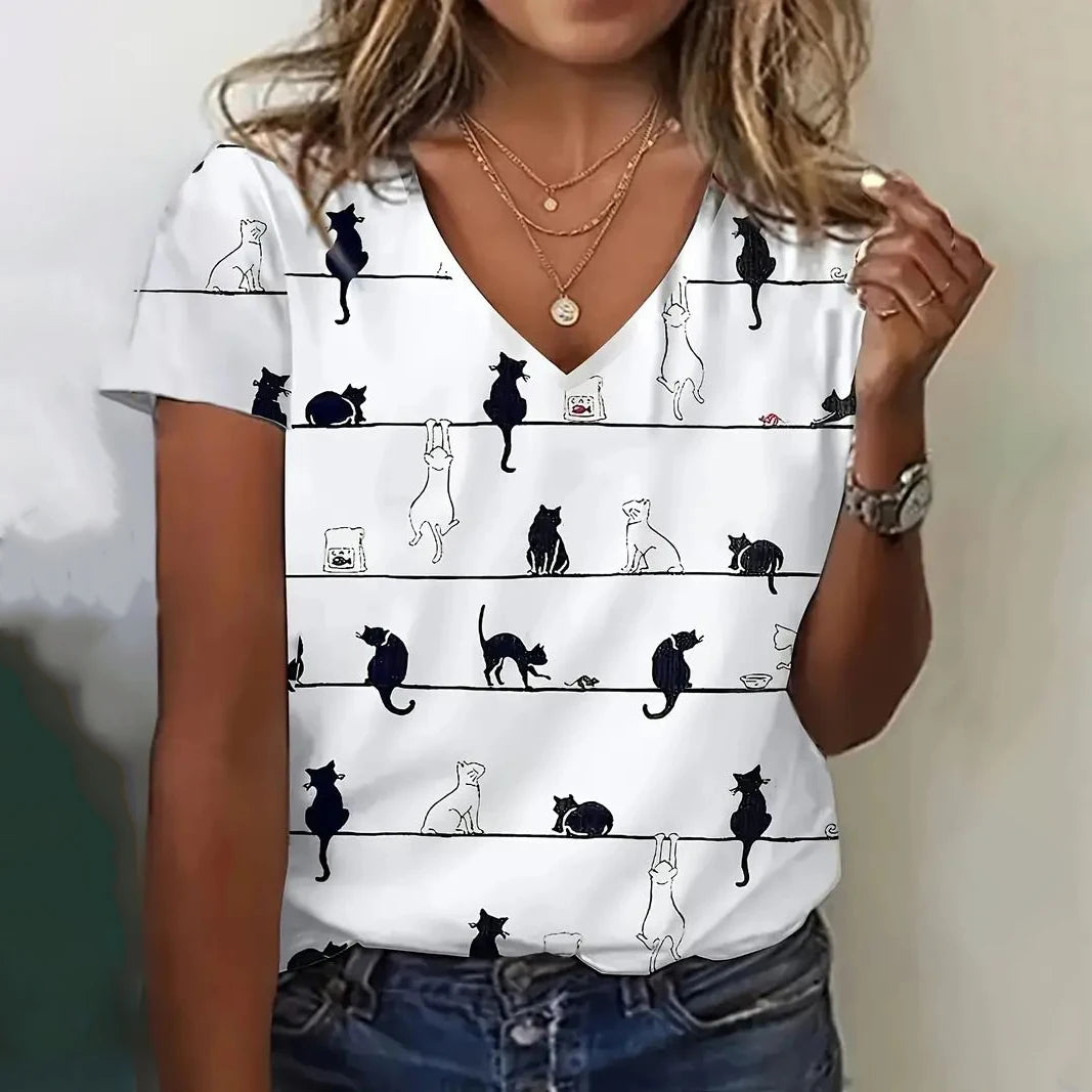 Women’s 3D Cat Print T-Shirt Casual Oversized Tee, Short Sleeve Crew Neck Streetwear