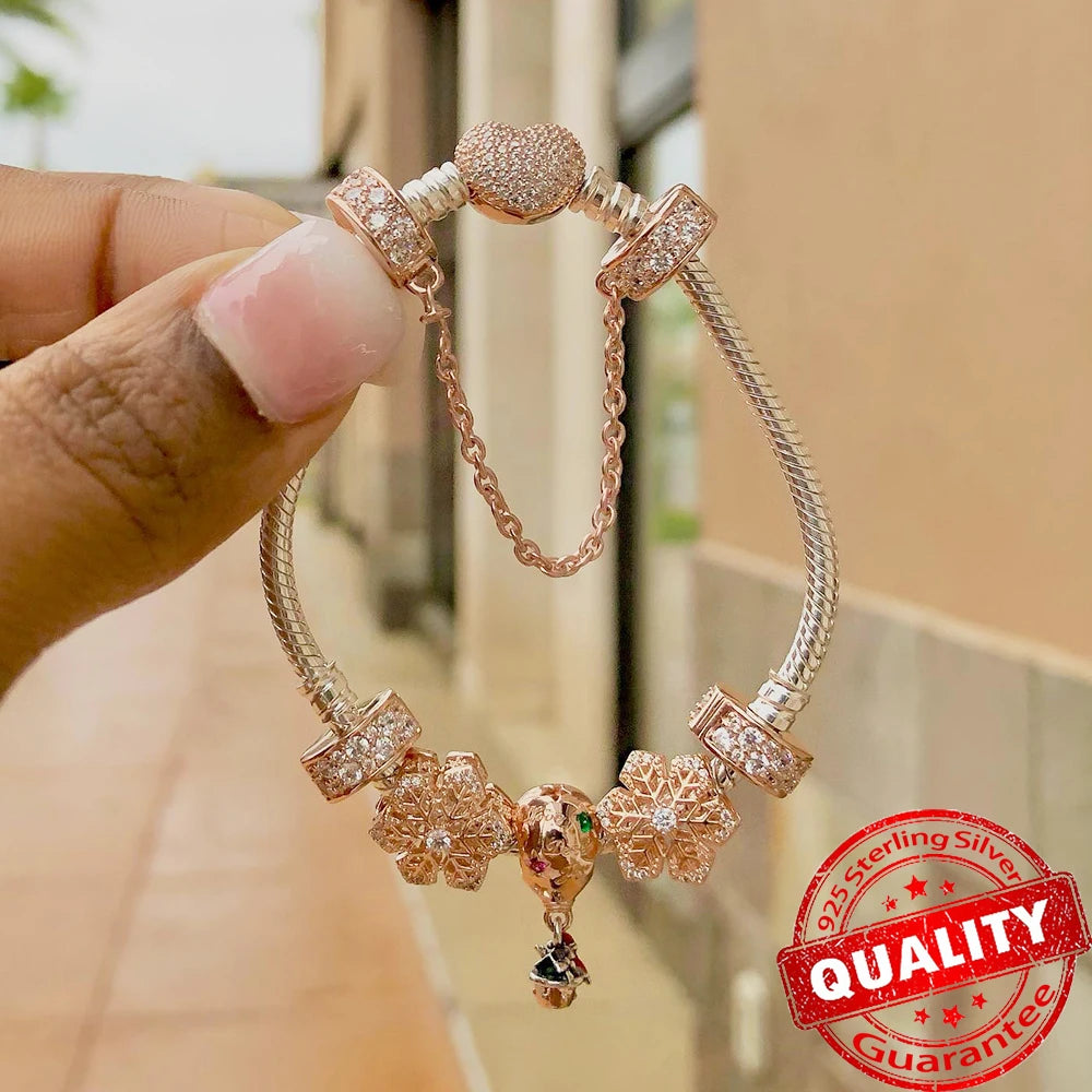 Rose Gold Triple-Row Cherry Blossom Dangle Charm for Silver Bracelet