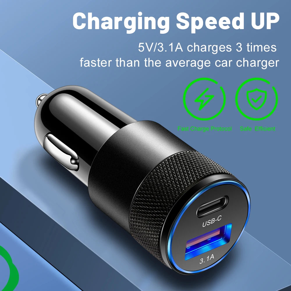 3.1A USB Car Charger Type-C Fast Charging Adapter for Phone Cigarette Port