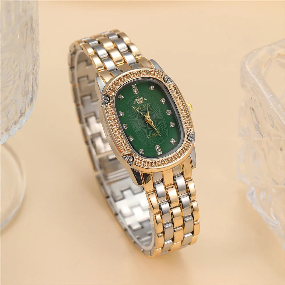 Women's Green Dial Quartz Watch – Diamond Accent & Steel Bracelet Design
