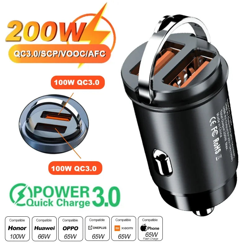 200W Dual USB Car Charger – Fast Charging 12-24V Cigarette Lighter Adapter