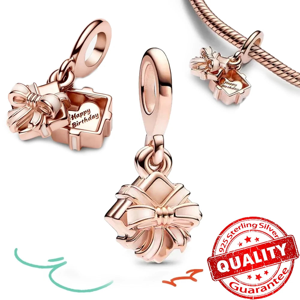 Rose Gold Triple-Row Cherry Blossom Dangle Charm for Silver Bracelet