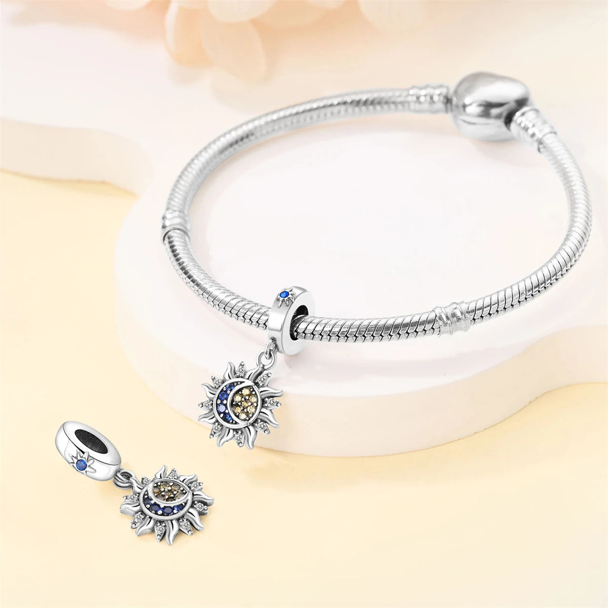 Silver-Plated Sun Moon Star Charm Beads with Zircon for Bracelets DIY