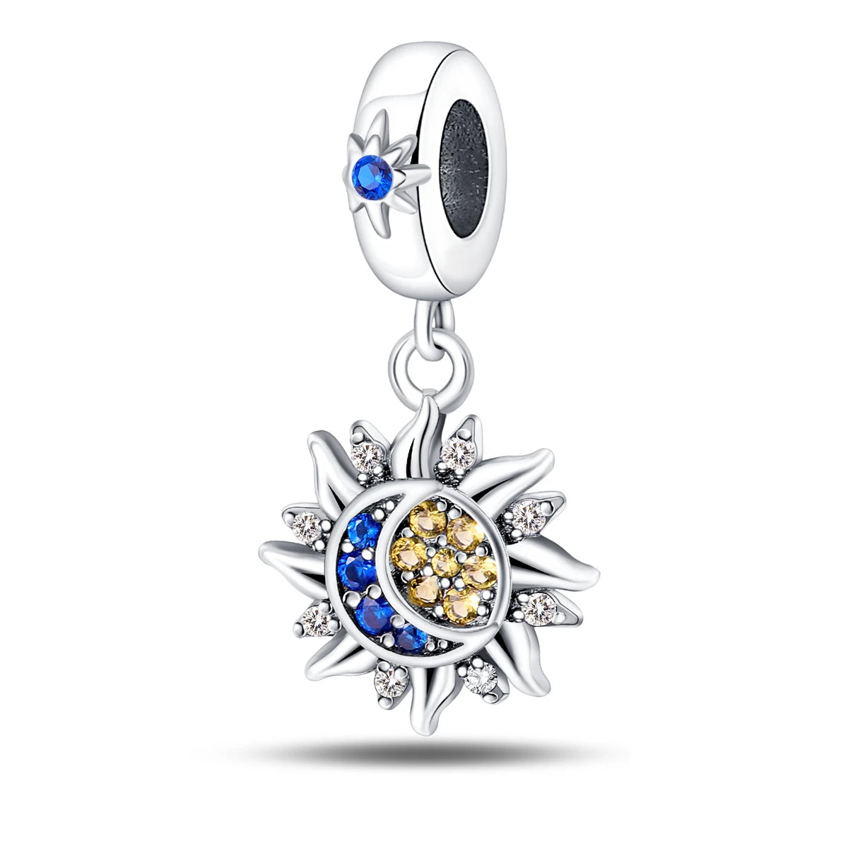 Silver-Plated Sun Moon Star Charm Beads with Zircon for Bracelets DIY