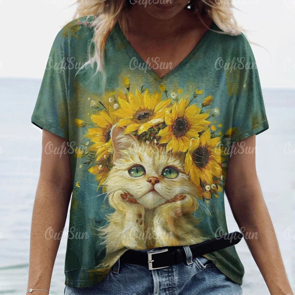 Women’s 3D Cat Print T-Shirt Casual Oversized Tee, Short Sleeve Crew Neck Streetwear