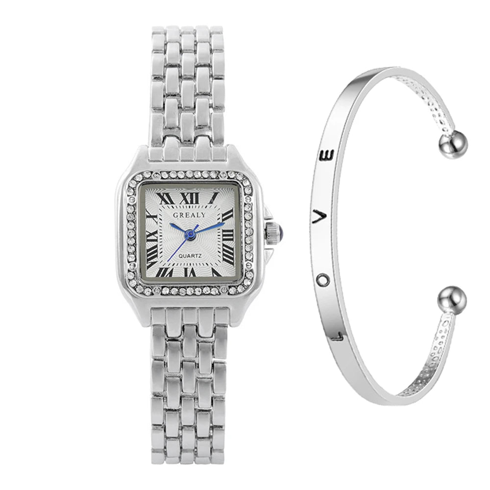 Women's Luxury Square Watch Gold Alloy Strap Quartz with Roman Numerals