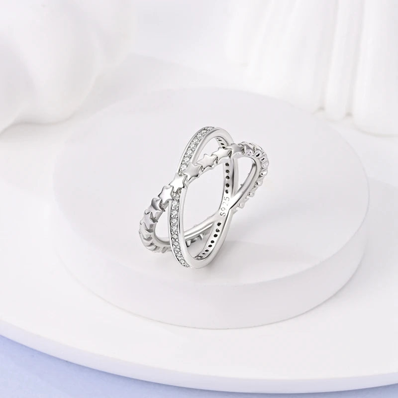 Silver Colour Star Zircon Ring for Women Wedding Engagement Gif