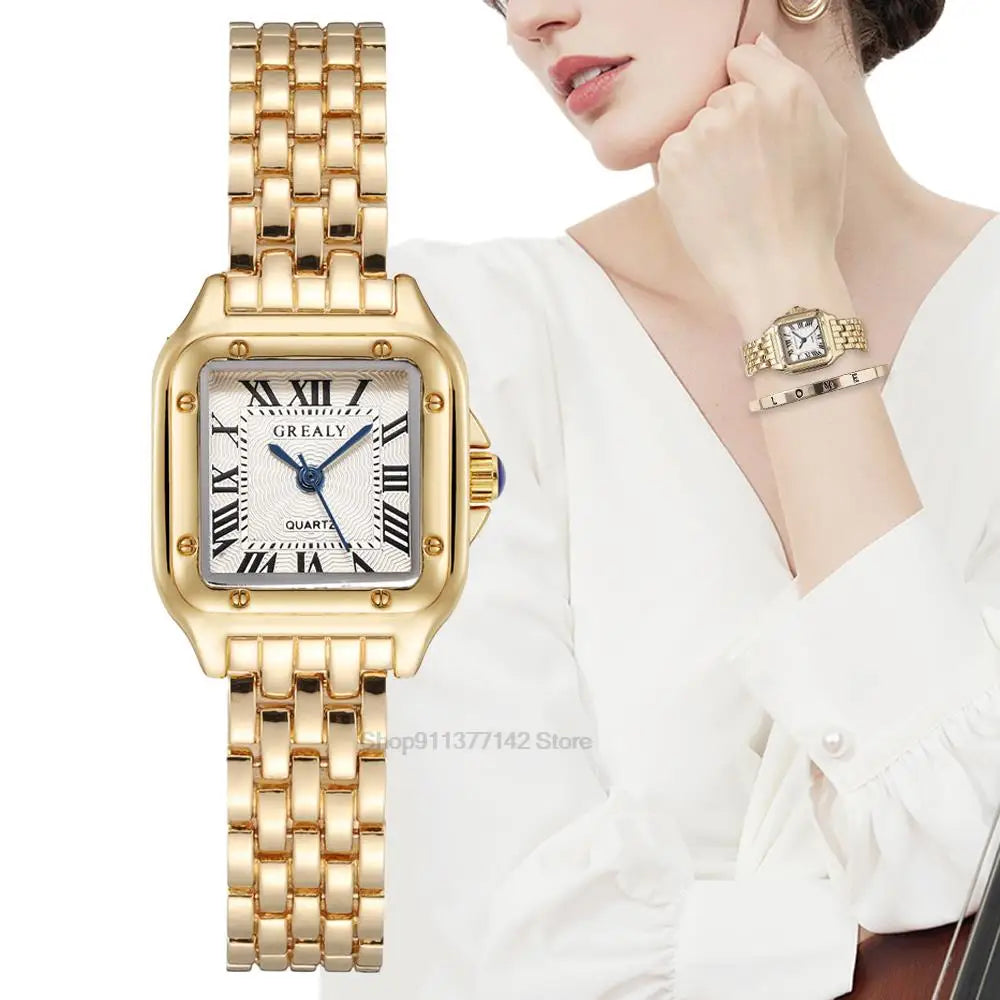 Women's Luxury Square Watch Gold Alloy Strap Quartz with Roman Numerals