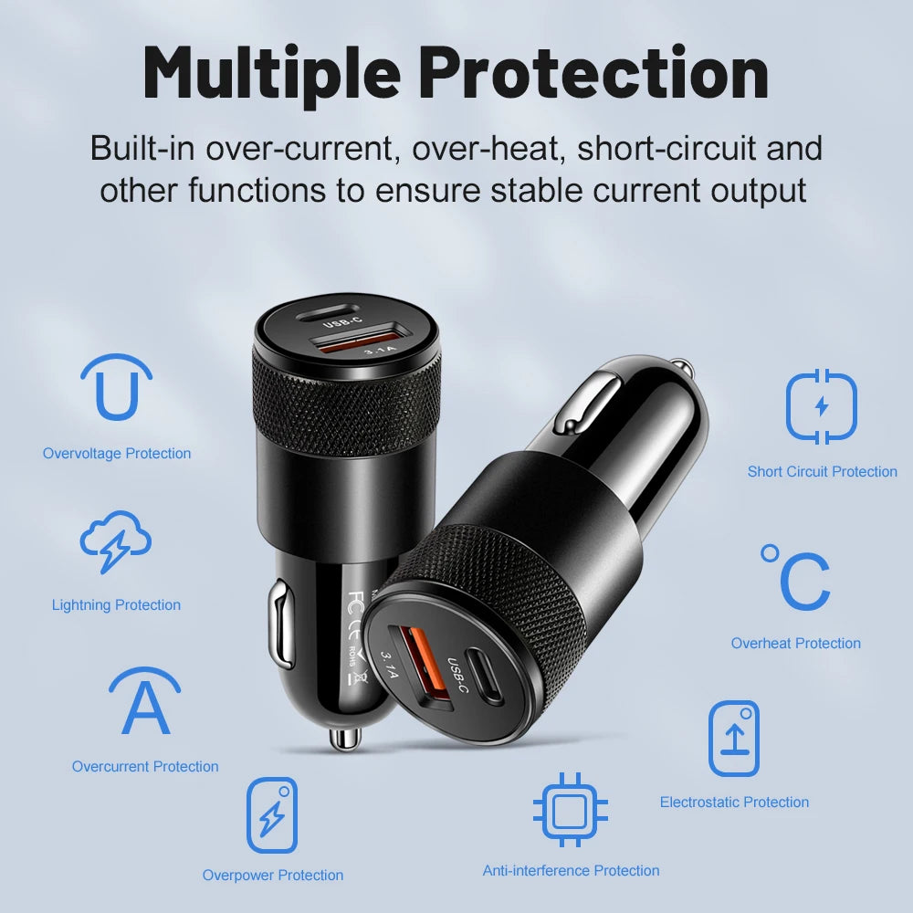 3.1A USB Car Charger Type-C Fast Charging Adapter for Phone Cigarette Port