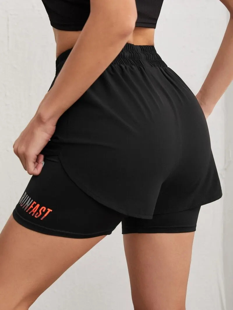 Women's High Rise Yoga Shorts Elastic Waist 2-Piece Running Workout Pants