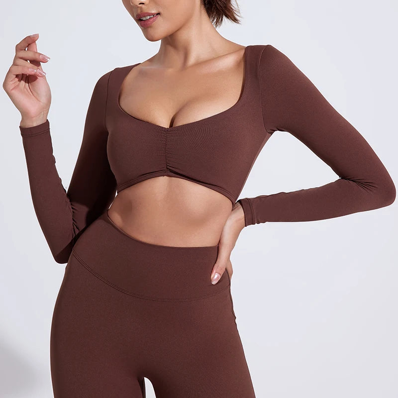 Women's Long Sleeve Crop Top Yoga Shirt Gym Fitness Workout Sports Tee