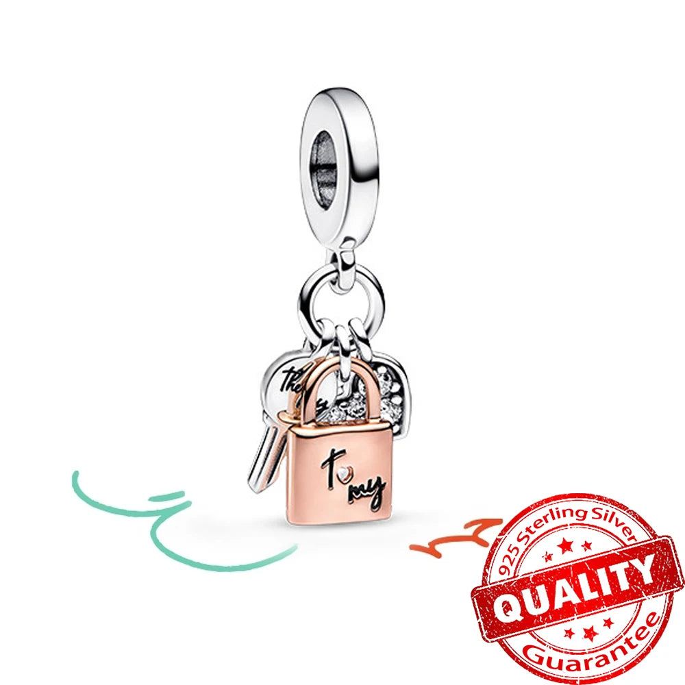 Rose Gold Heart Padlock Key Charm 925 Sterling Silver Bracelet Jewellery Gift