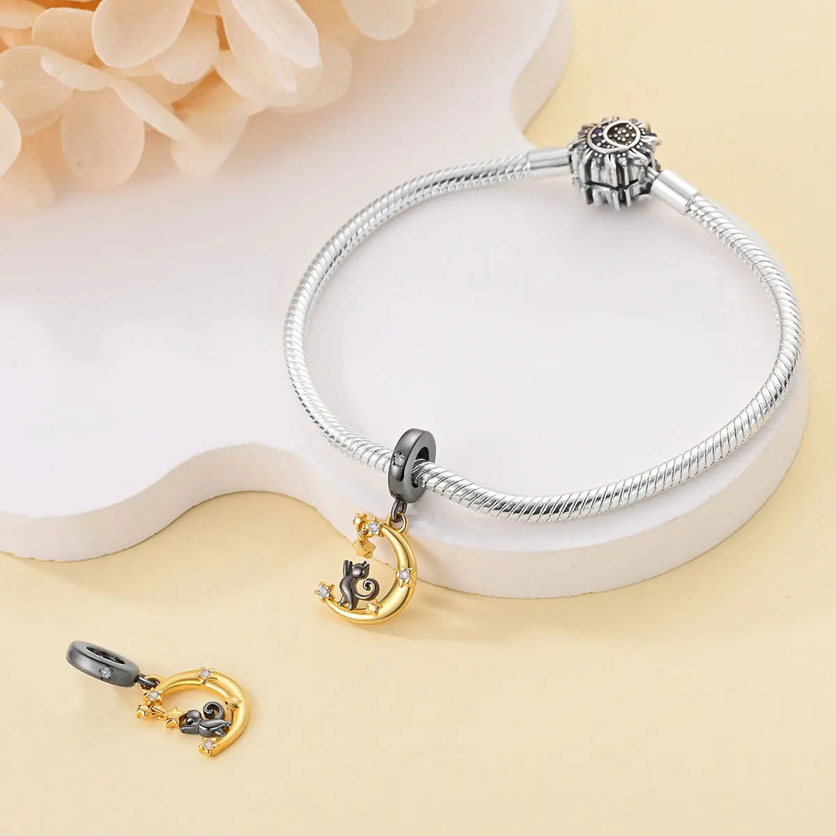Silver-Plated Sun Moon Star Charm Beads with Zircon for Bracelets DIY