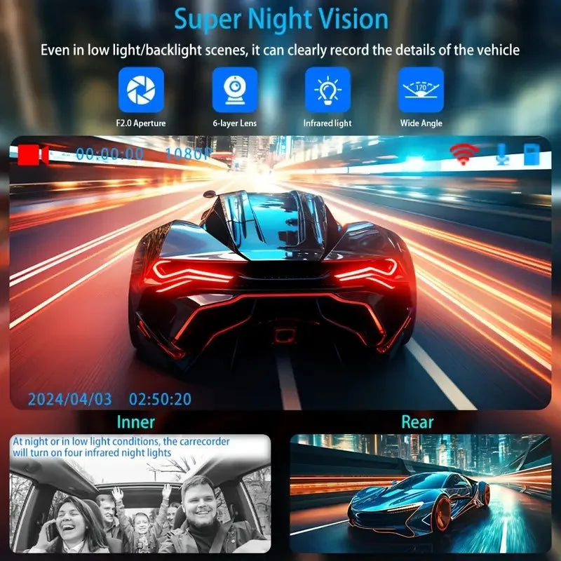 3-Camera Dash Cam 1080P WiFi Car DVR Front & Rear Night Vision Recorder