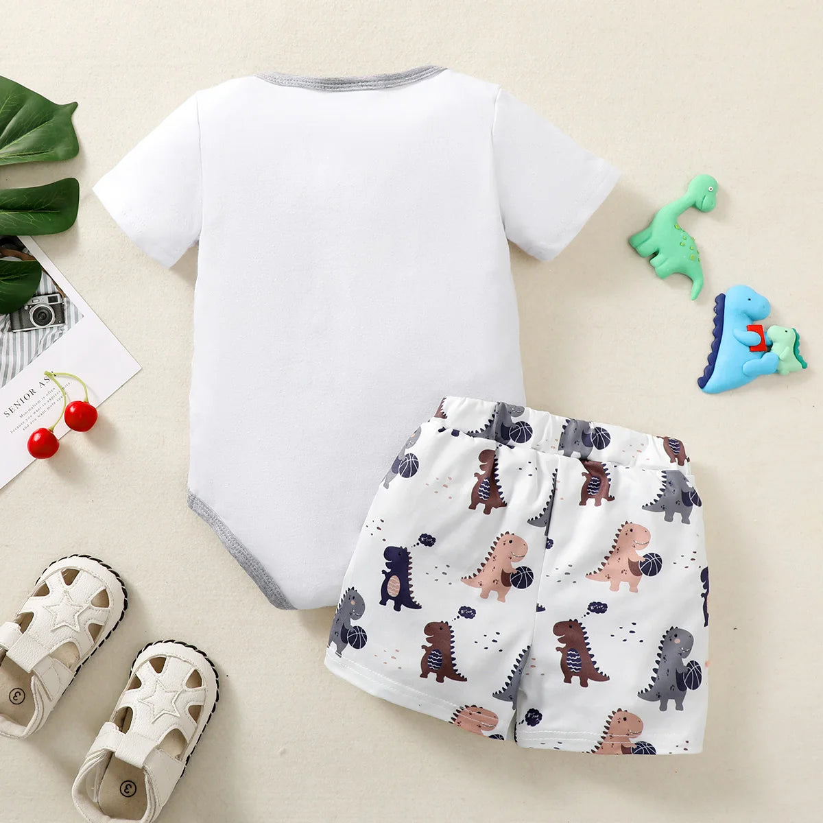 Baby Boy Dinosaur Outfit – 2PCS Summer Top & Shorts Set for 0–1 Year Old