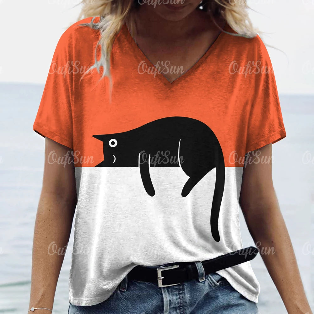 Women’s 3D Cat Print T-Shirt Casual Oversized Tee, Short Sleeve Crew Neck Streetwear