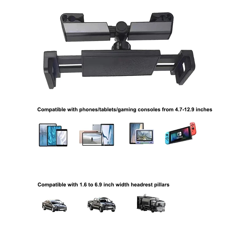 Car Headrest Phone Tablet Holder for 4.7–12.9'' iPad Stand Mount Bracket