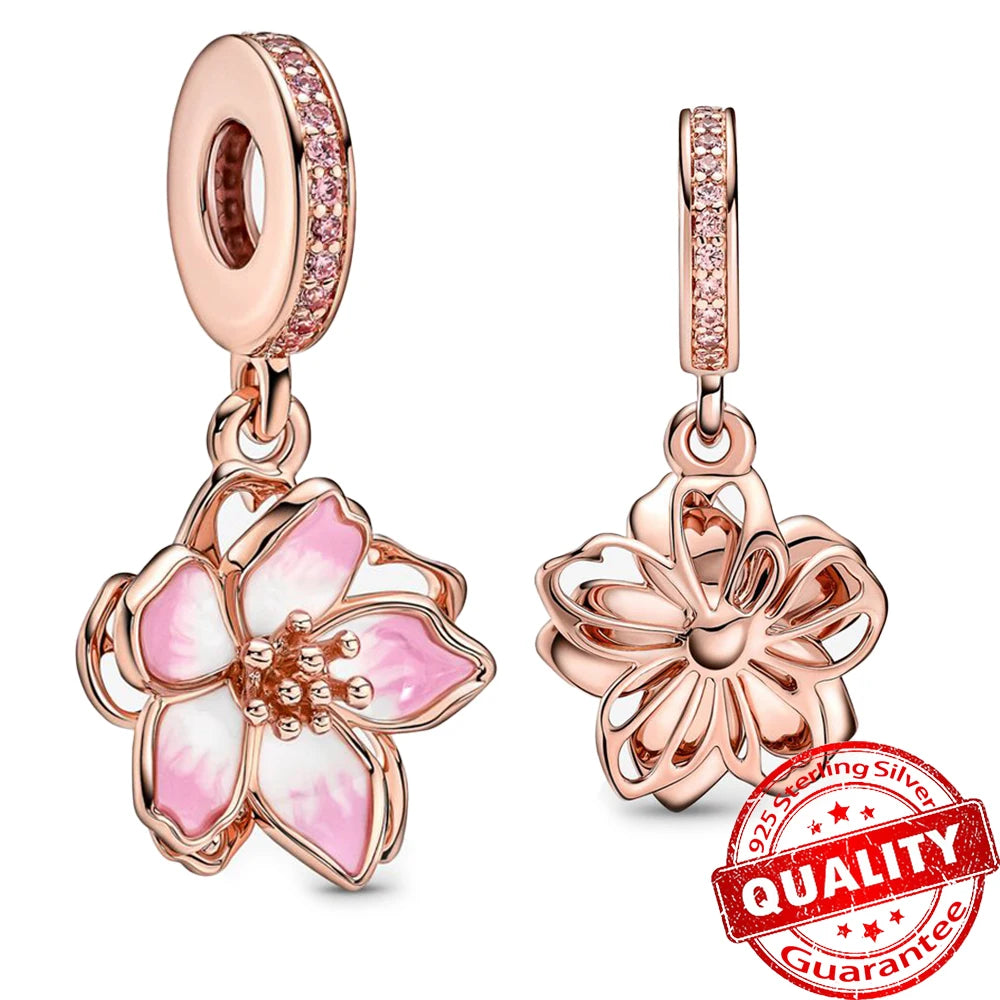 Rose Gold Triple-Row Cherry Blossom Dangle Charm for Silver Bracelet