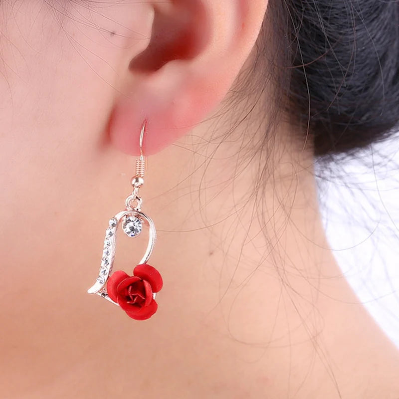 Vintage Red Rose Rhinestone Dangle Earrings Elegant Floral Jewelry for Weddings & Parties