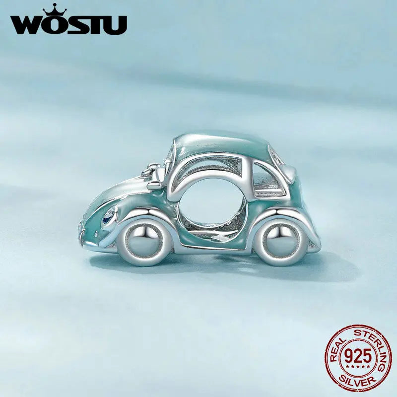 925 Sterling Silver Pink Bicycle Car Charm Bead Pendant for Bracelet DIY