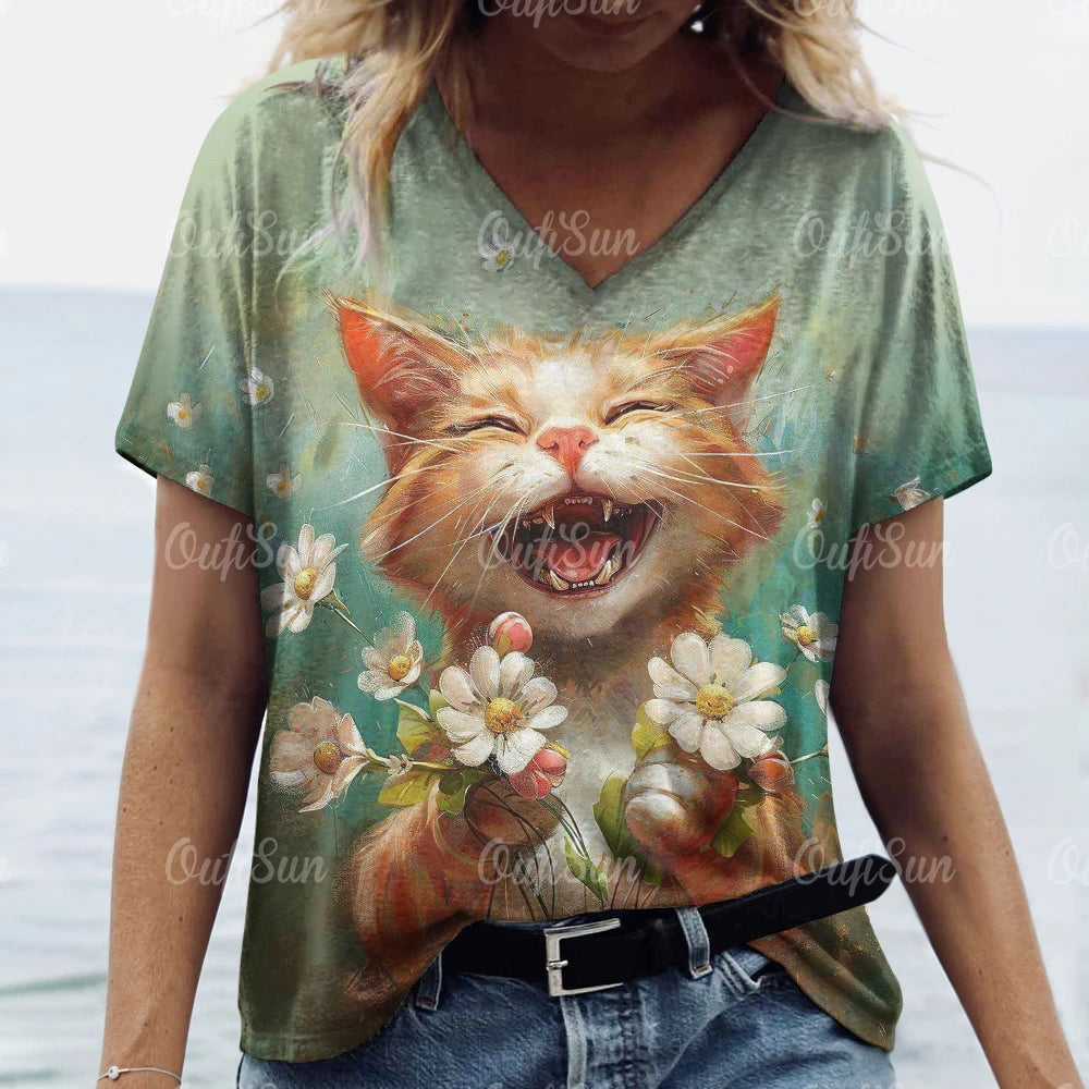 Women’s 3D Cat Print T-Shirt Casual Oversized Tee, Short Sleeve Crew Neck Streetwear