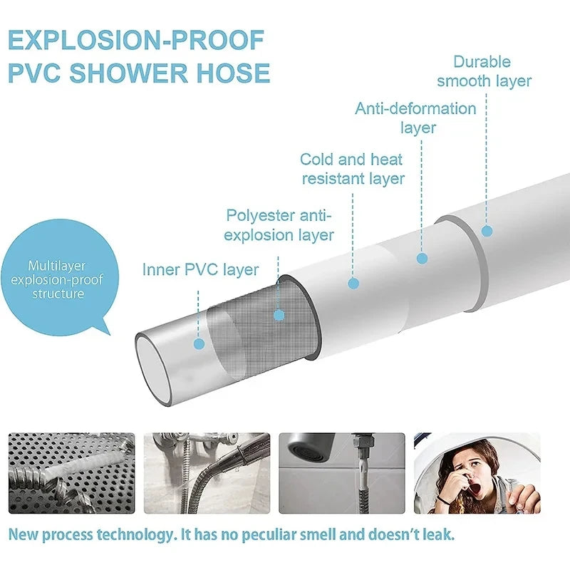 High-Pressure PVC Shower Hose – Silver/Black Flexible Anti-Winding 1/2'' Fit
