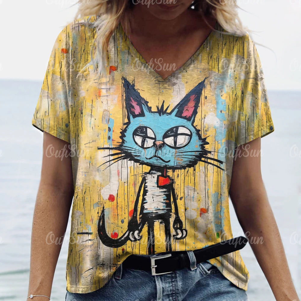 Women’s 3D Cat Print T-Shirt Casual Oversized Tee, Short Sleeve Crew Neck Streetwear