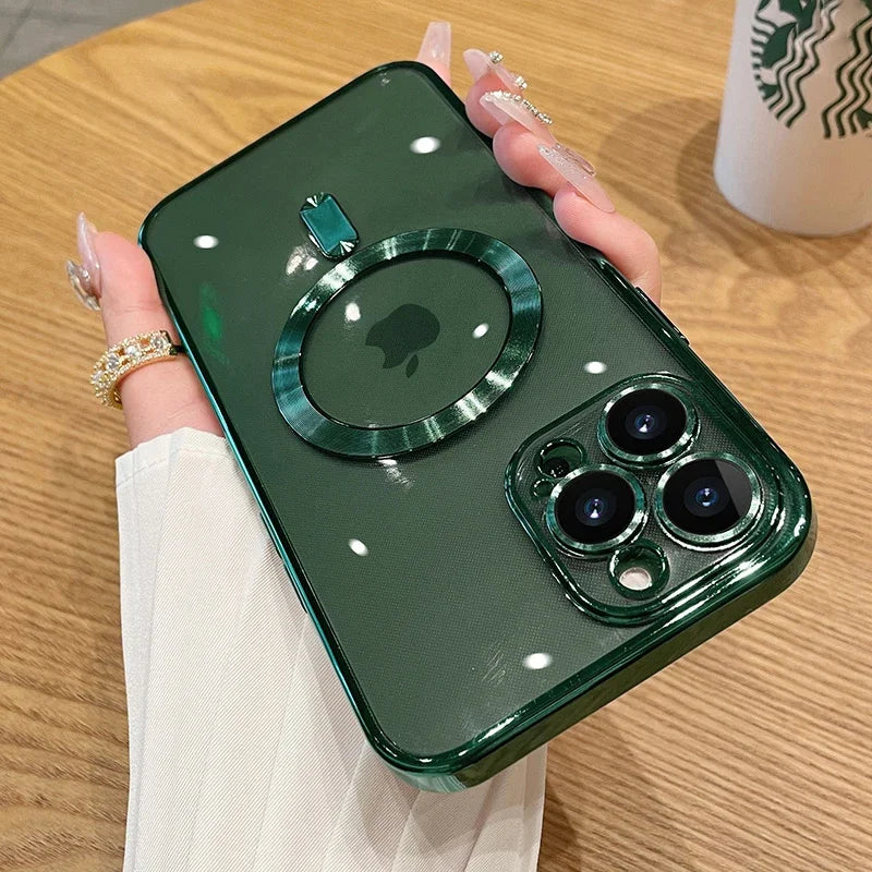 Magnetic Plating Case for iPhone 16 15 14 13 12 11 Pro Max Plus MagSafe Cover with Lens Protector