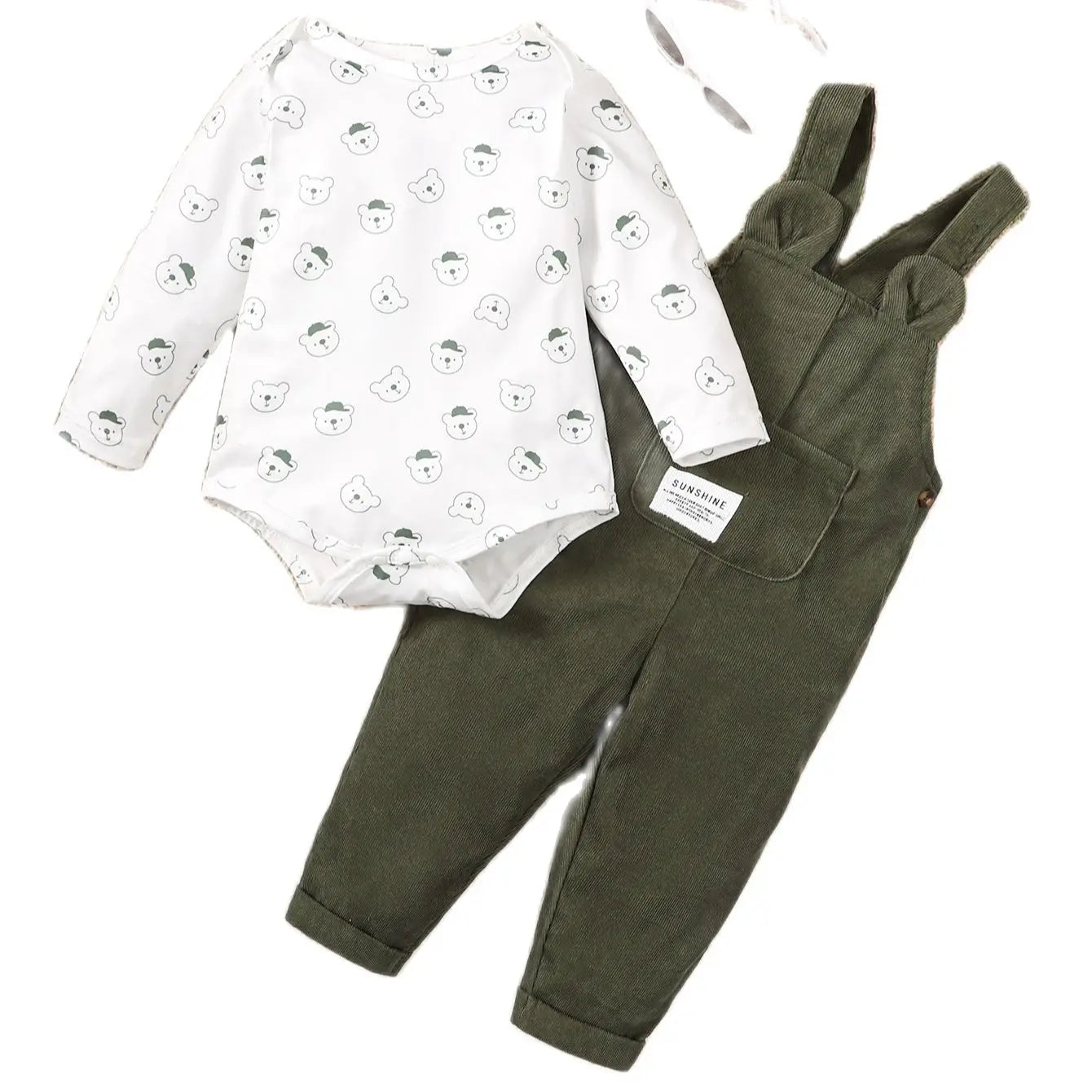 Baby Boy Girl Bear Print Outfit Long Sleeve Top & Strap Pants Toddler Set