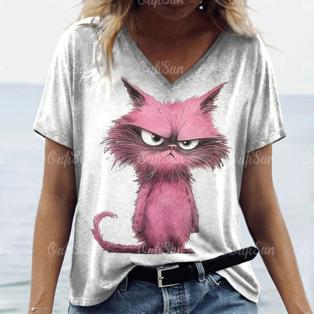 Women’s 3D Cat Print T-Shirt Casual Oversized Tee, Short Sleeve Crew Neck Streetwear
