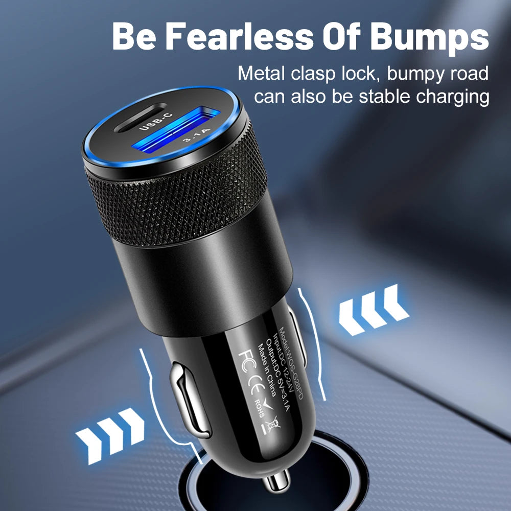 3.1A USB Car Charger Type-C Fast Charging Adapter for Phone Cigarette Port