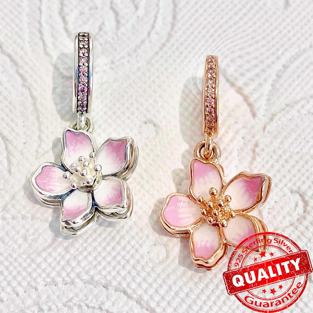 Rose Gold Triple-Row Cherry Blossom Dangle Charm for Silver Bracelet