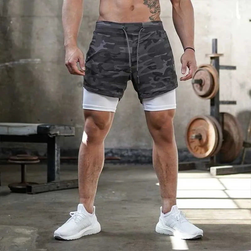 Men’s 2-in-1 Camo Running Shorts – Quick-Dry Gym Fitness Training Jogging Sports Short