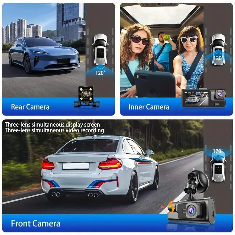 3-Camera Dash Cam 1080P WiFi Car DVR Front & Rear Night Vision Recorder