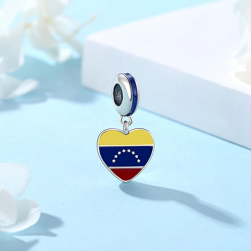 Sterling Silver Venezuela Flag Heart Charm Bead for Bracelet Necklace